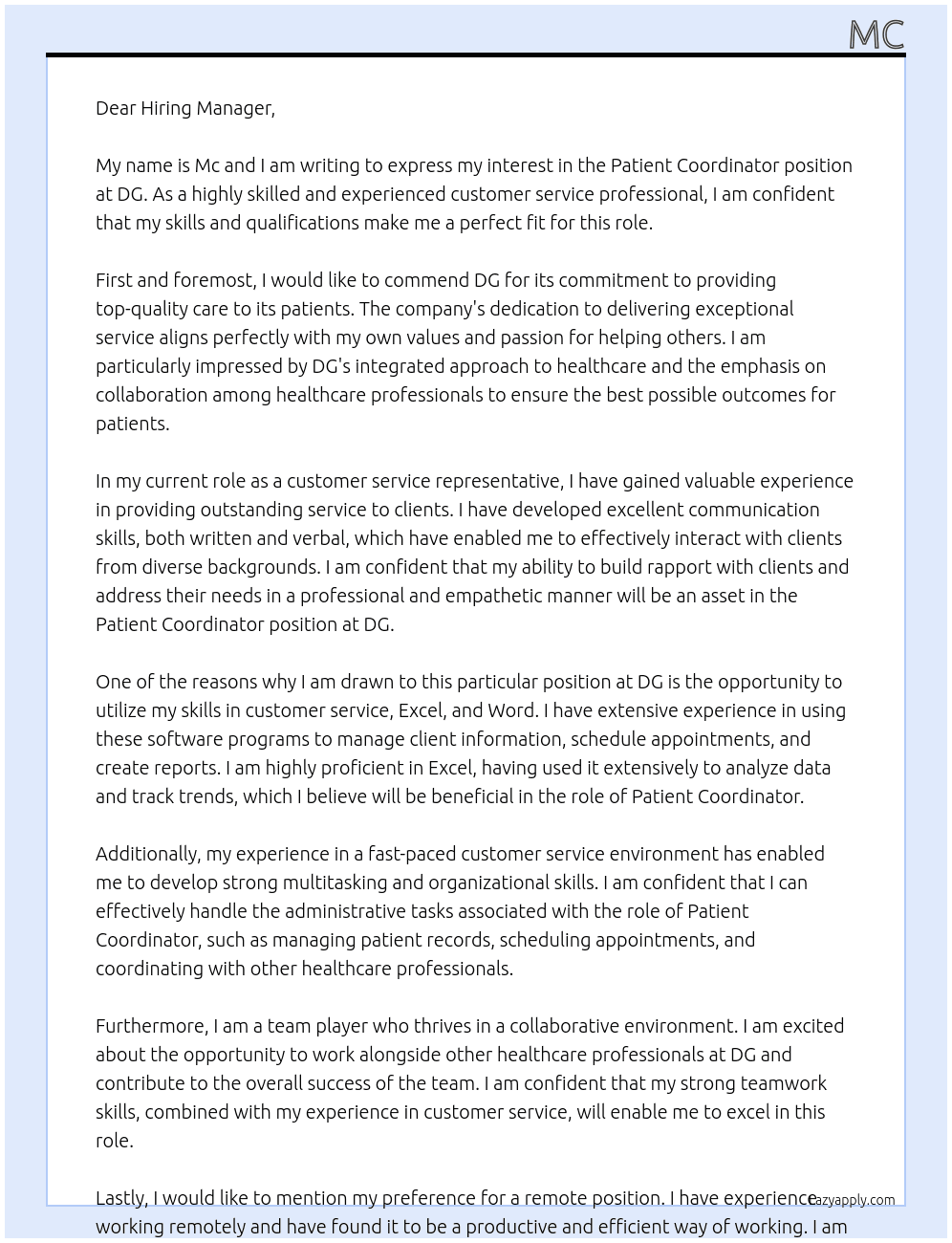 Patient Coordinator At DG Cover Letter