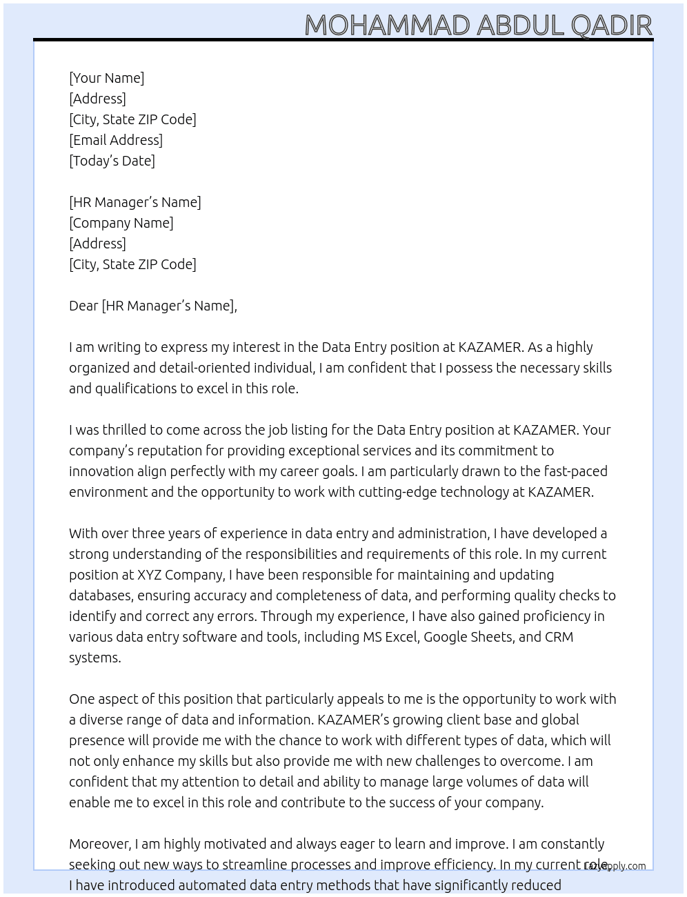 Data entry  At KAZAMER Cover Letter