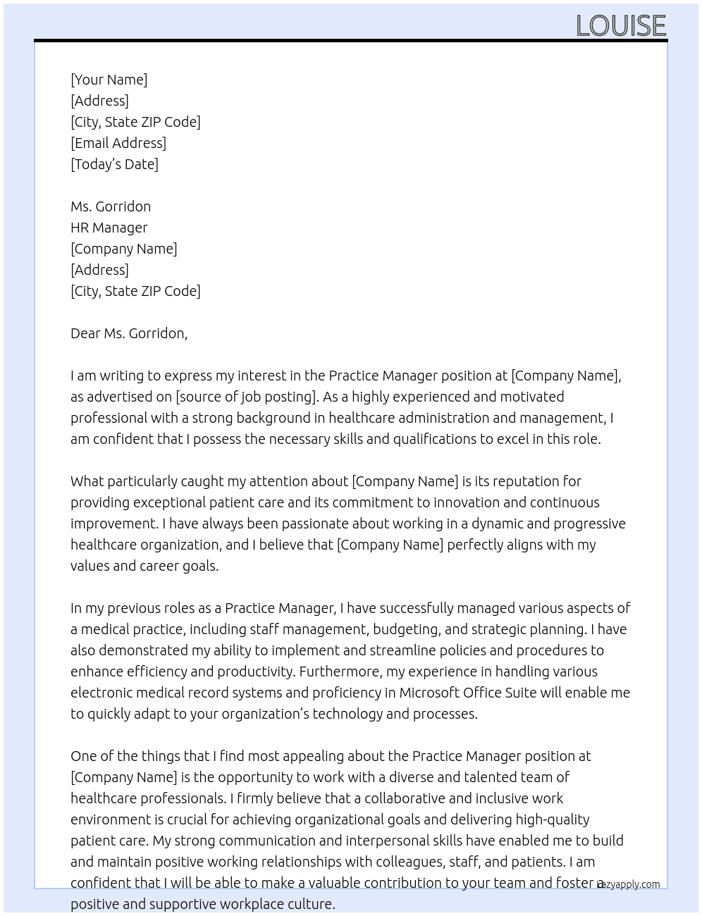 practice manager  At HR  Cover Letter