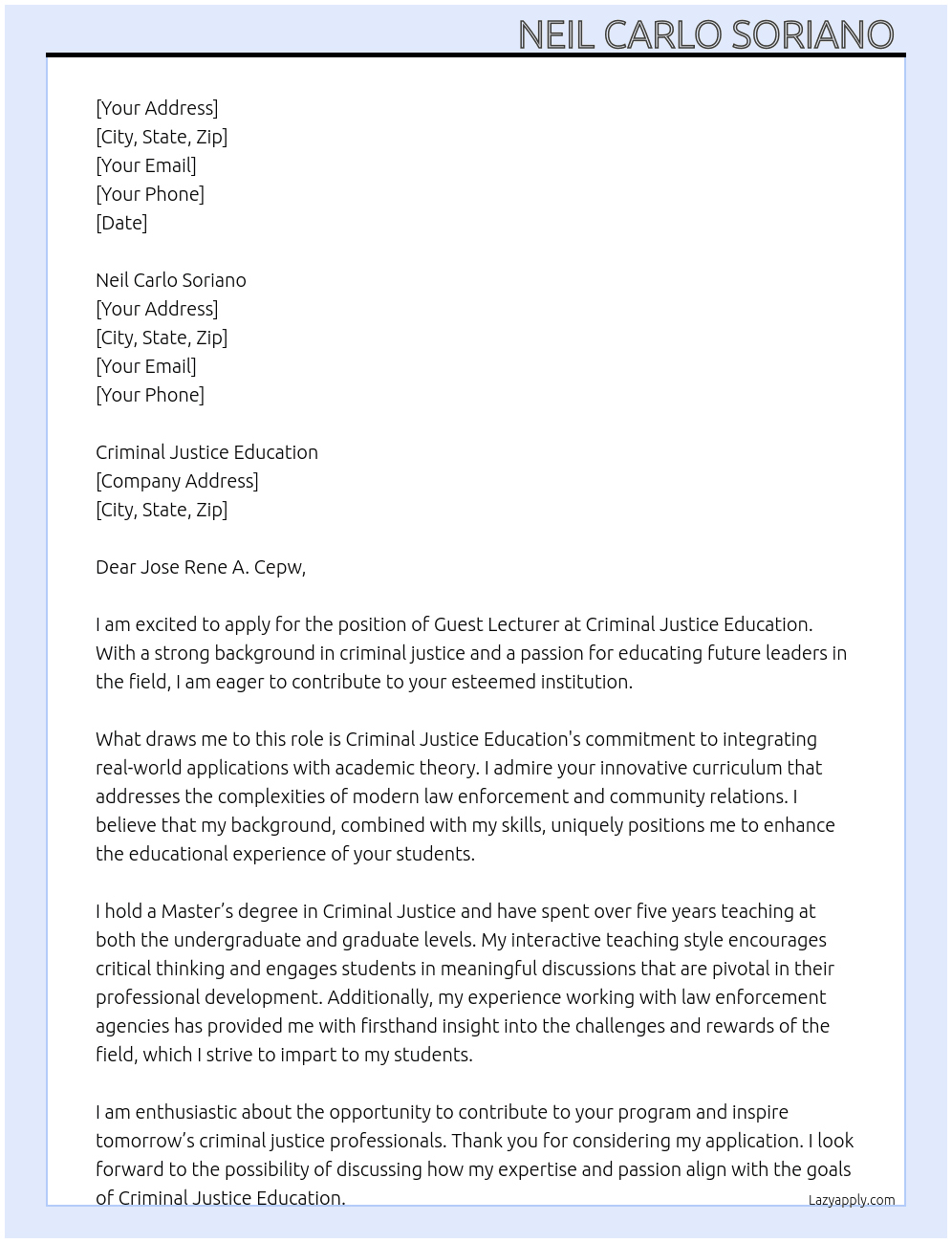 Cover letter for guess lecturer - LazyApply