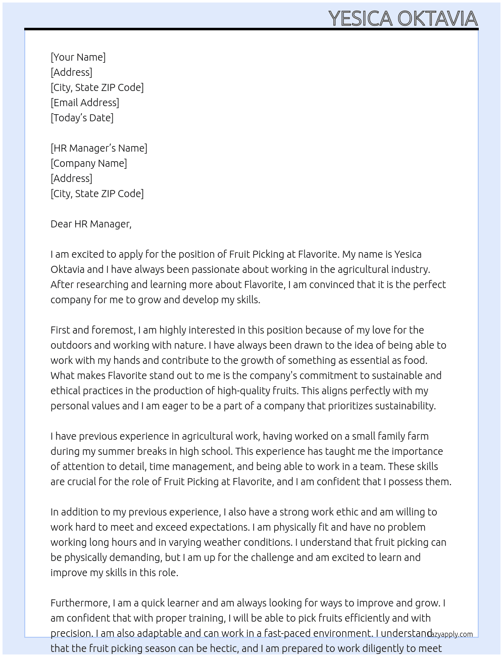 Fruit Picking At Flavorite Cover Letter