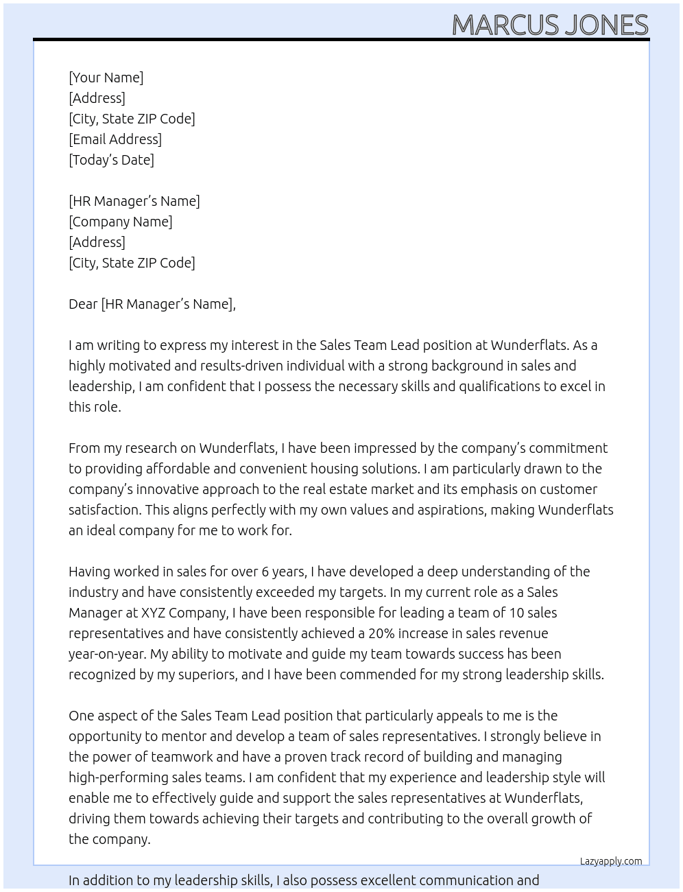 Sales Team Lead At Wunderflats Cover Letter