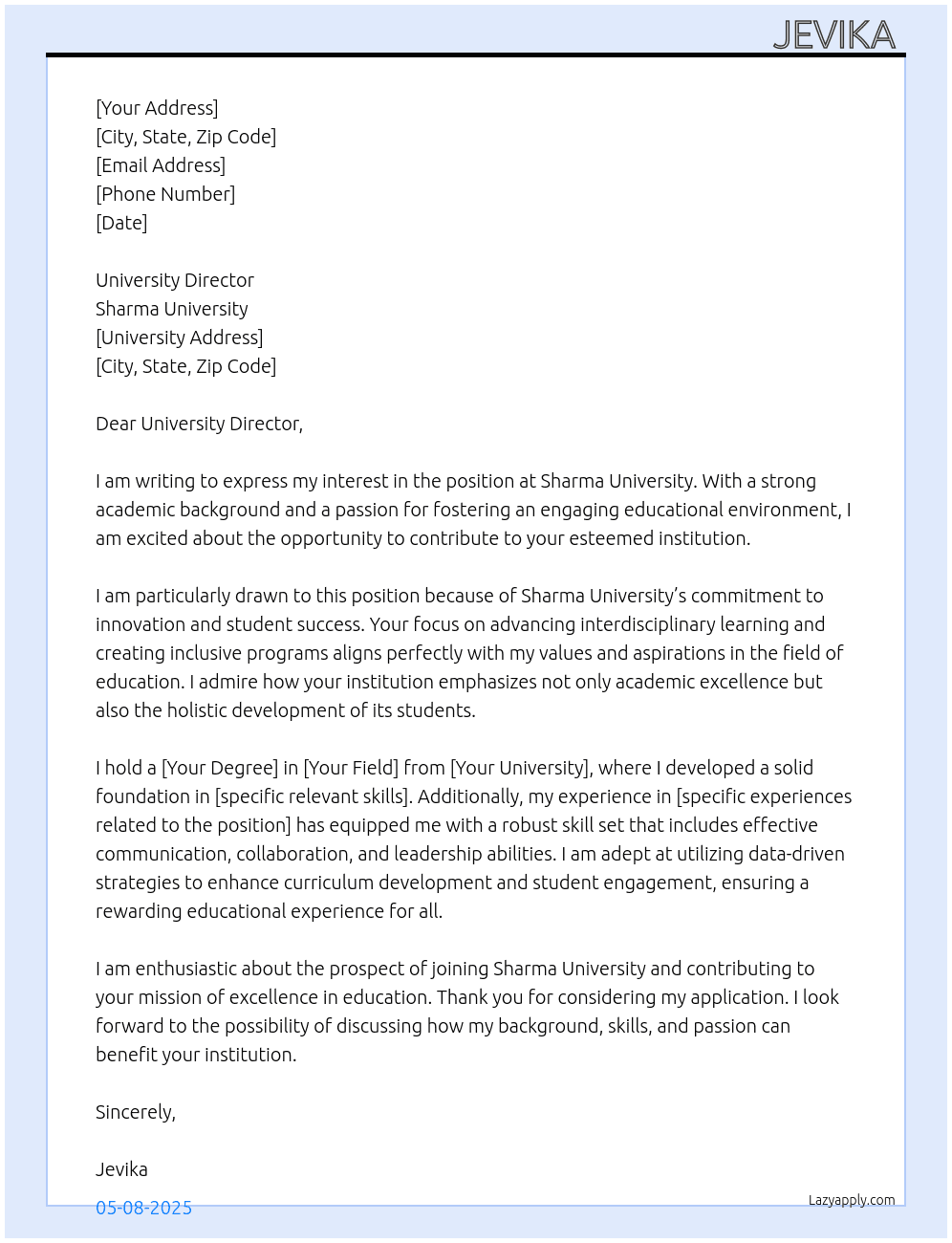 University At Sharma Cover Letter