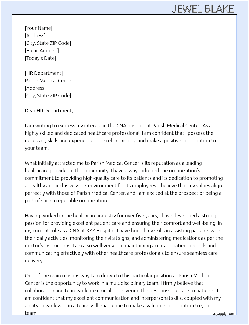CNA At Parish Medical Center  Cover Letter