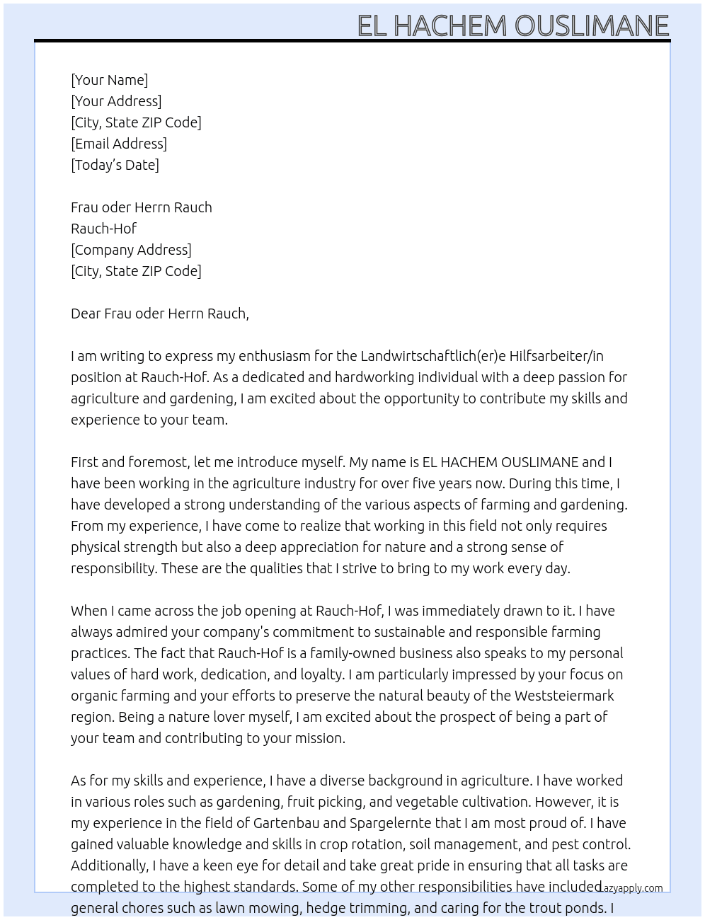 Landwirtschaftlich(er)e Hilfsarbeiter/in At  Rauch-Hof Cover Letter