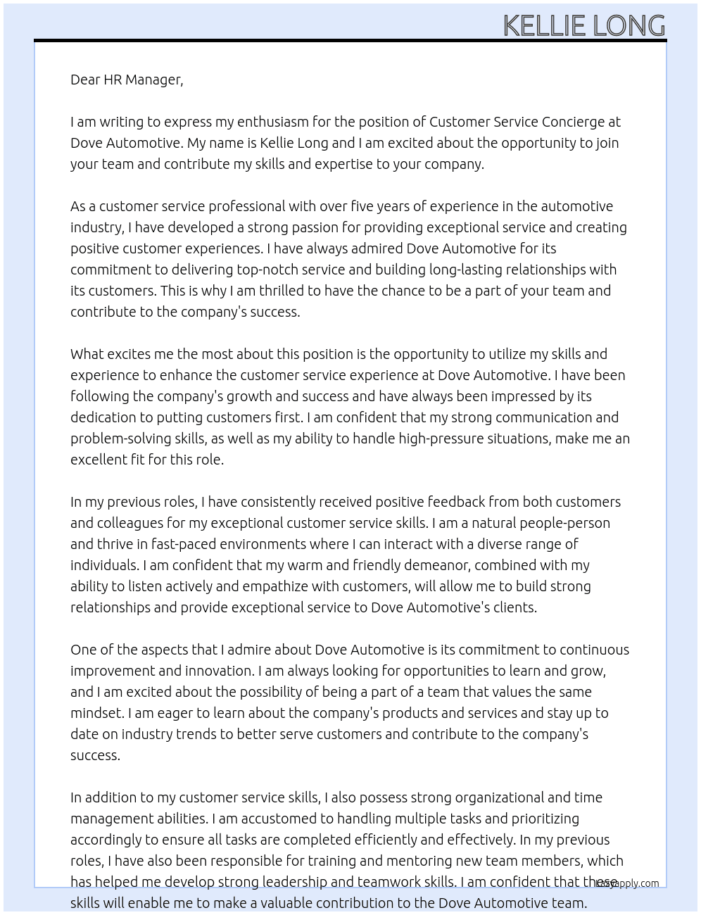 Customer Service Concierge  At Dove Automotive Cover Letter