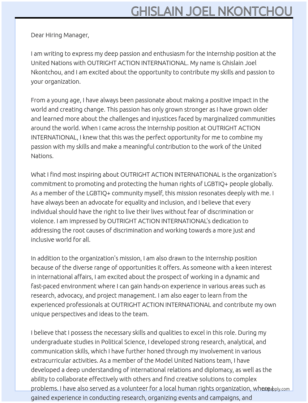 Internship - United Nations At OUTRIGHT ACTION INTERNATIONAL Cover Letter