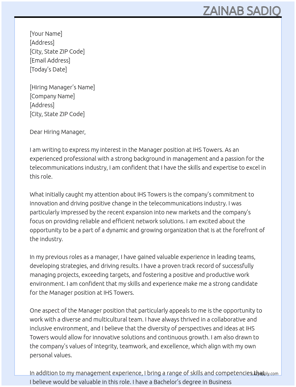 Manager  At IHS Towers Cover Letter
