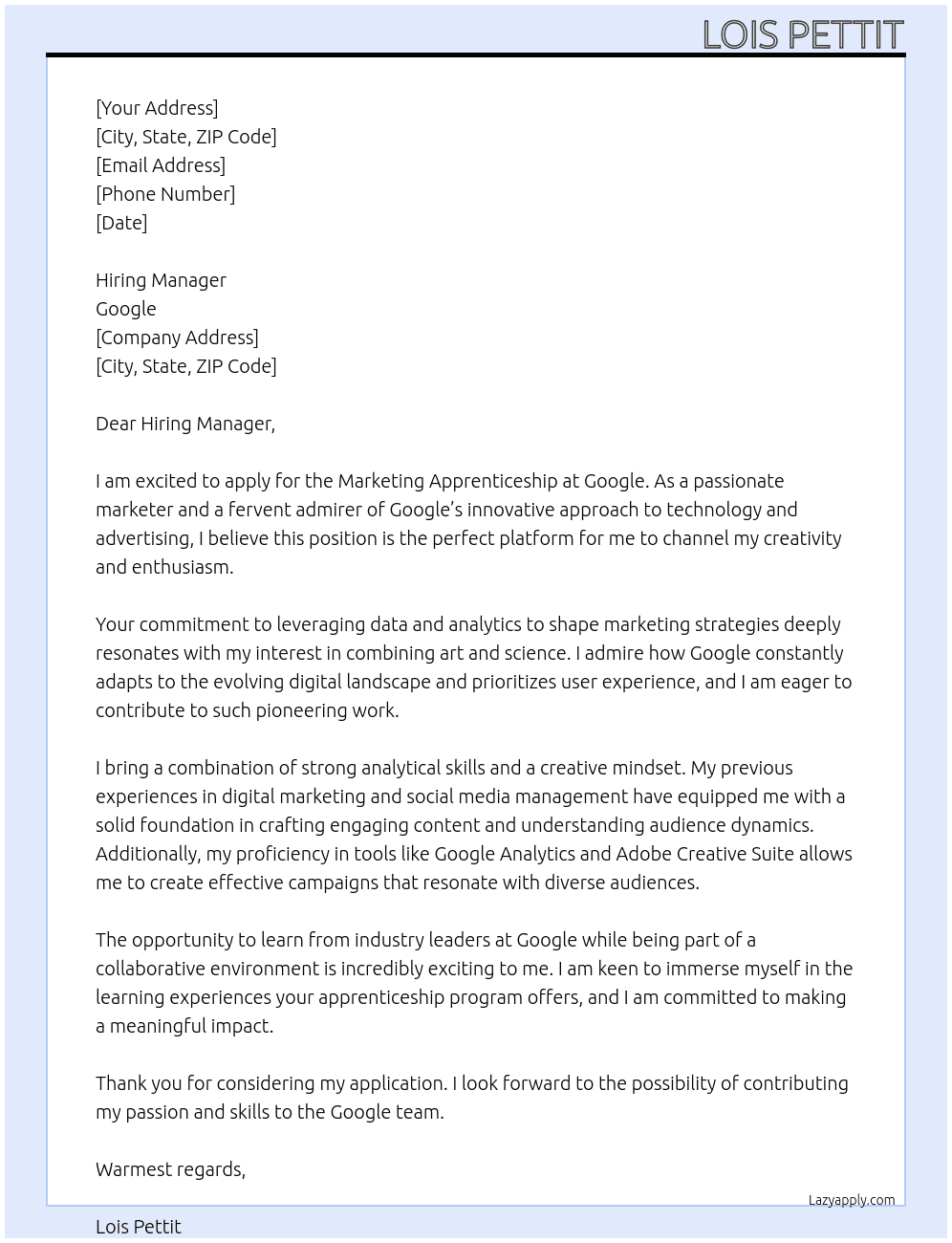 Cover letter for marketing apprenticeship - LazyApply