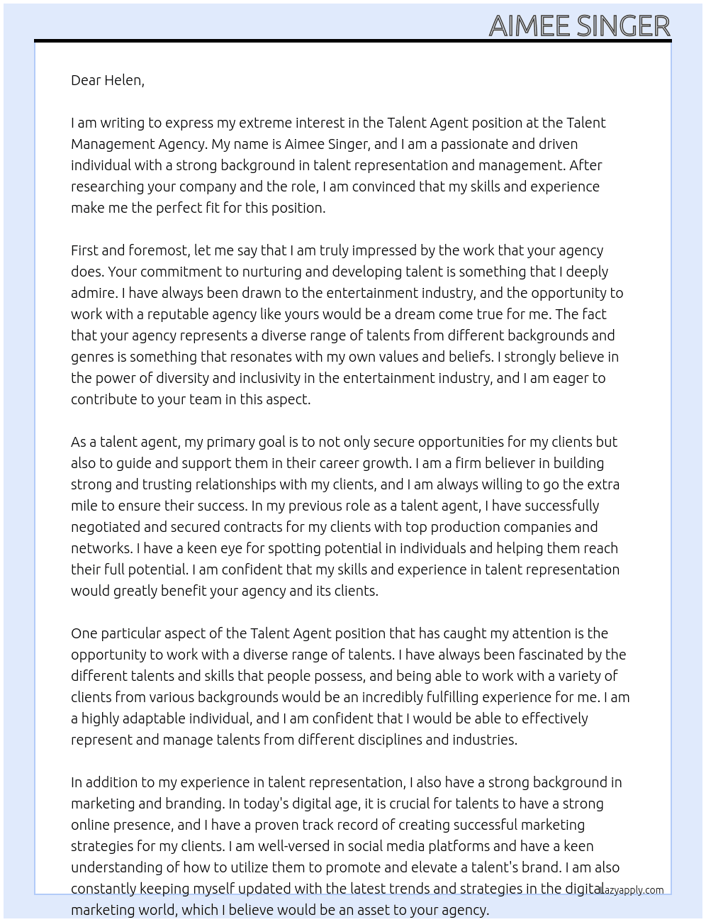 Talent Agent At Talent management agency Cover Letter