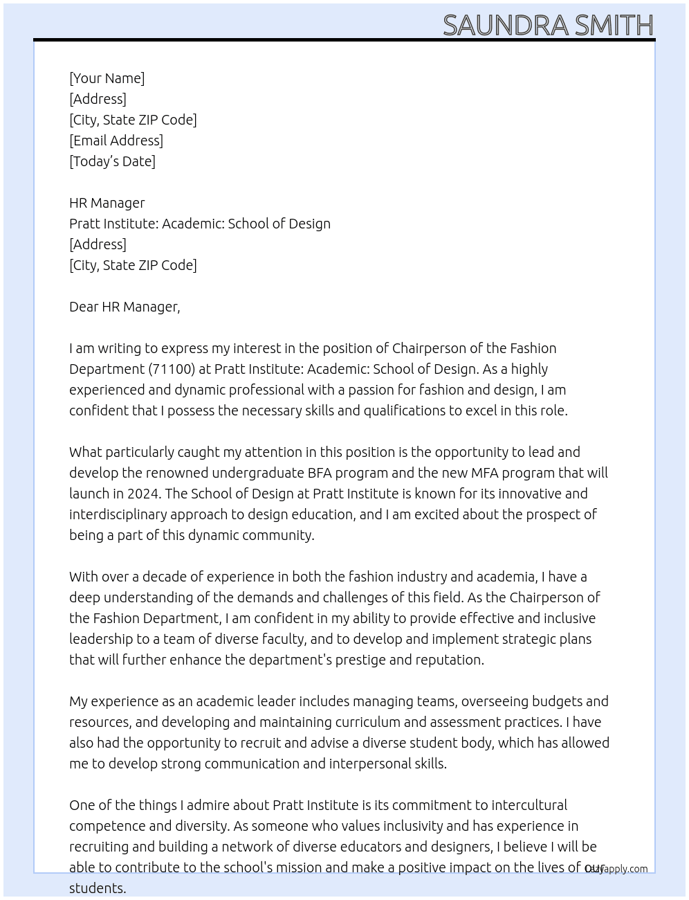 Chairperson of the Fashion Department (71100) At Pratt Institute: Academic: School of Design Cover Letter