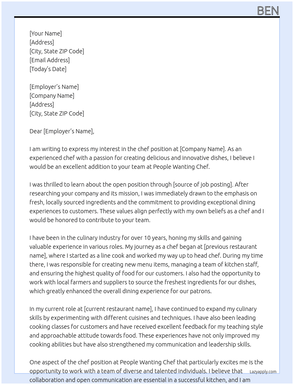 chef At People wanting chef Cover Letter