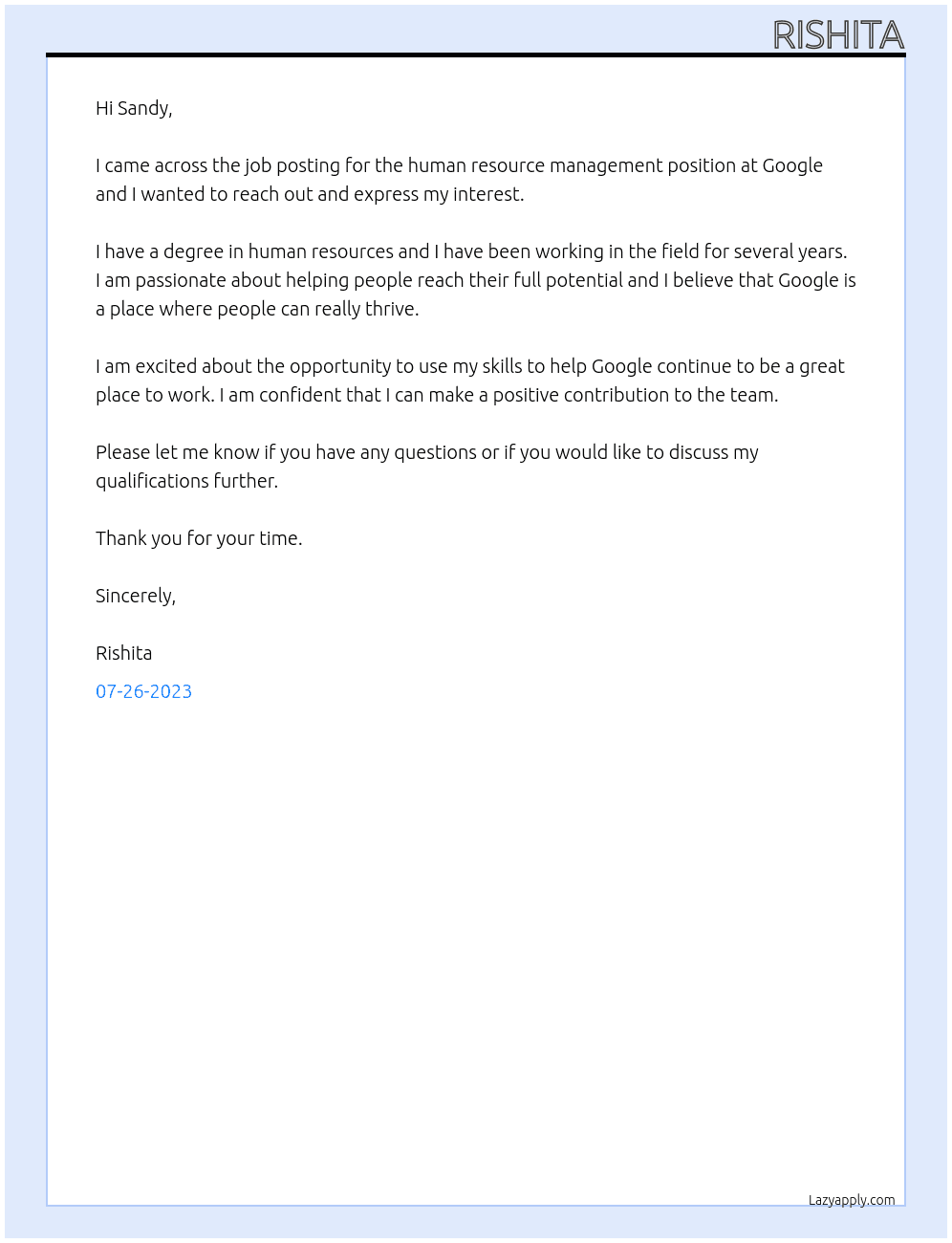 human resource management  At google Cover Letter