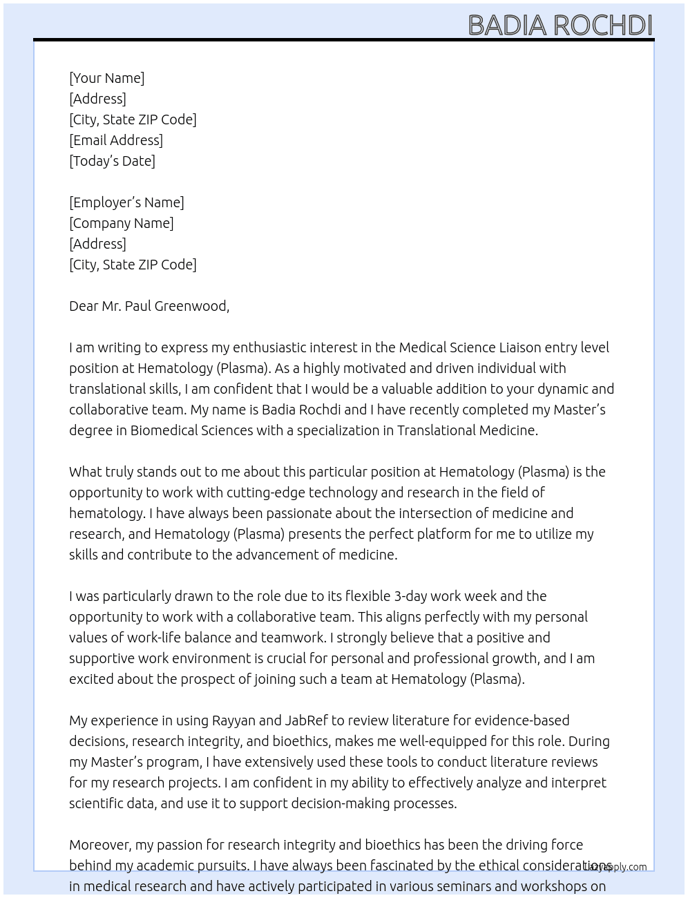 Cover letter for medical science liaison entry level wth translational skills - LazyApply