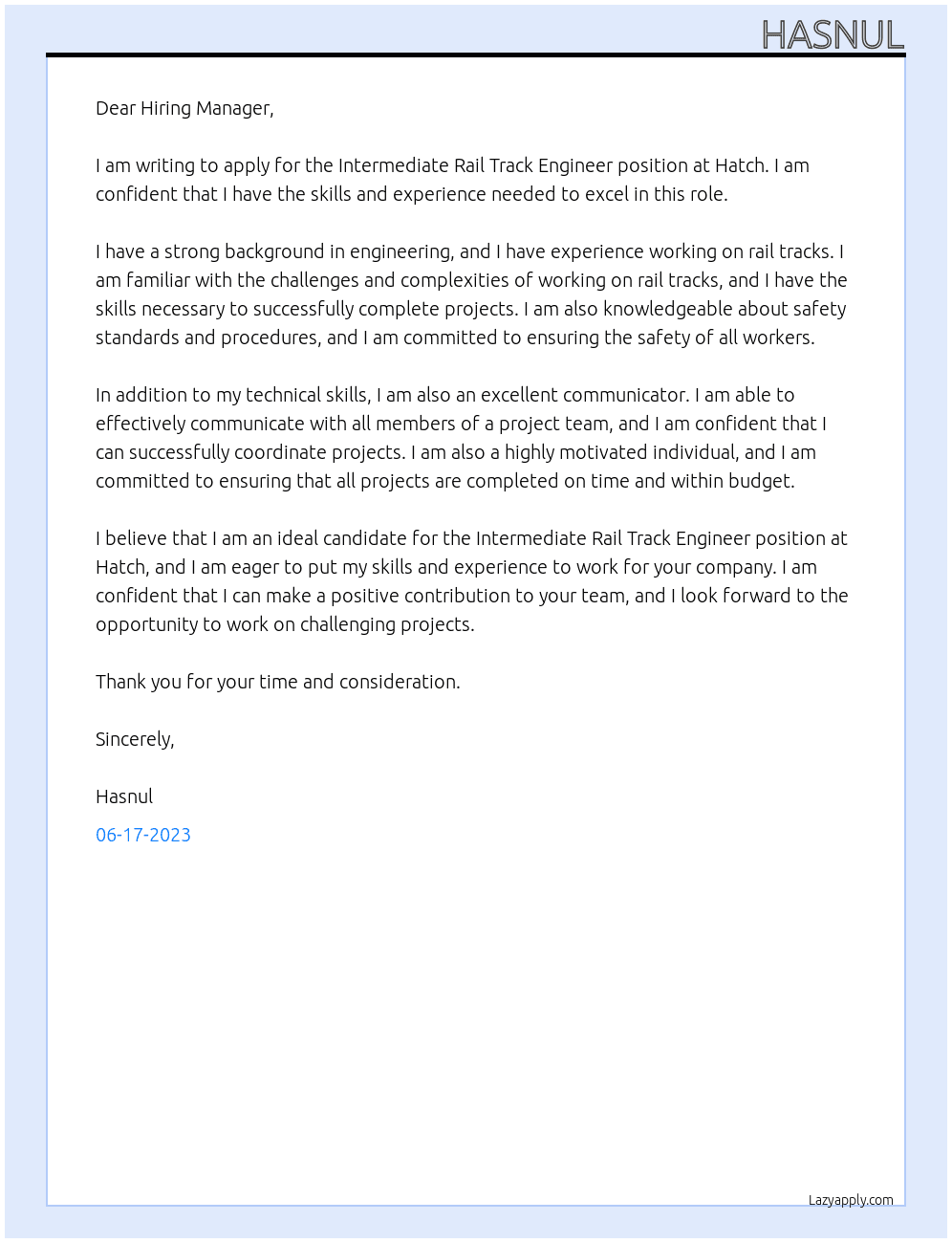 Intermediate Rail track engineer At Hatch Cover Letter