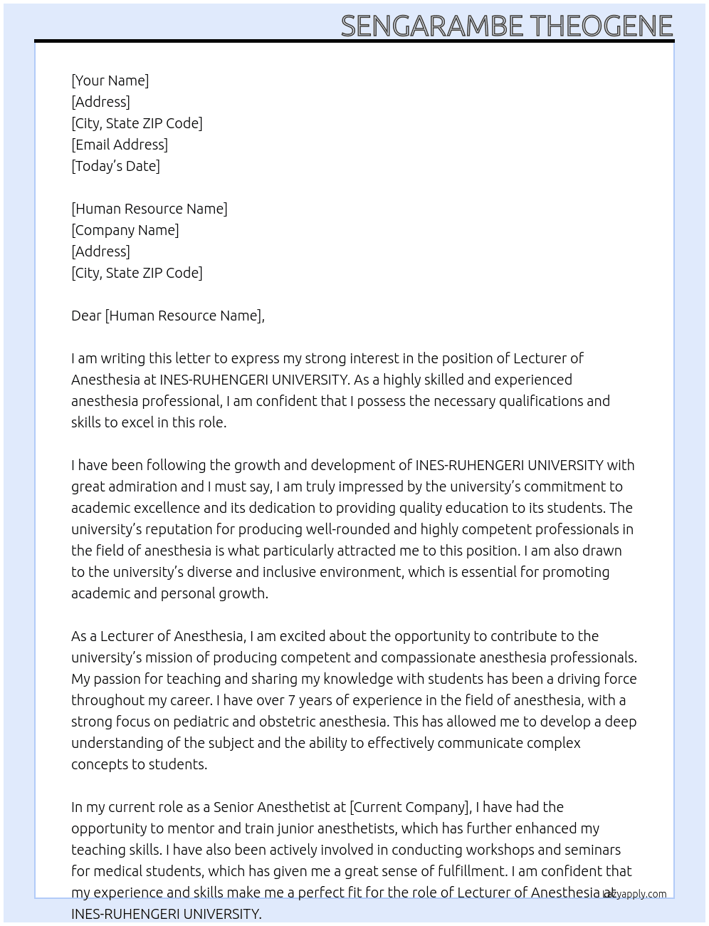 Lecturer of anesthesia At INES-RUHENGERI UNIVERSITY Cover Letter