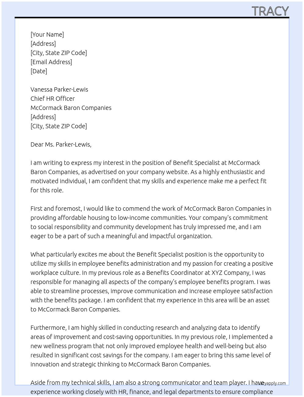 benefit specialist At McCormack Baron Companies Cover Letter