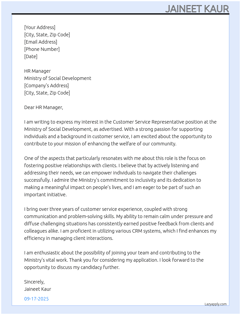 Customer Service Representative At Ministry of Social Development Cover Letter