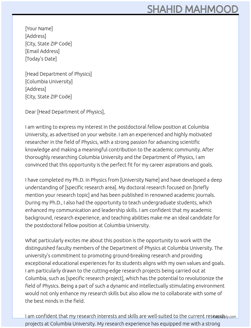 postdoctoral fellow  At Columbia university Cover Letter