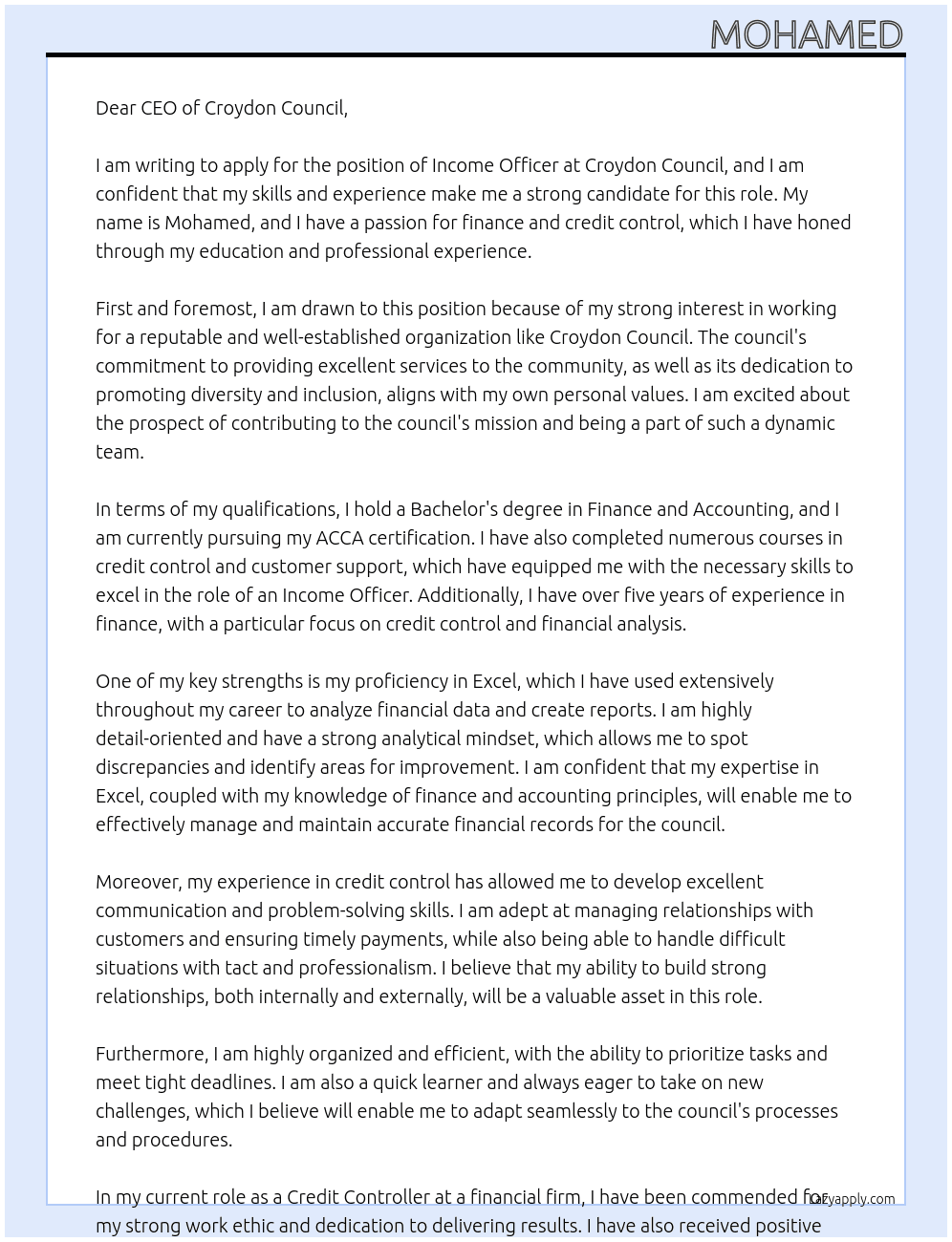 Income Officer At Croydon Council Cover Letter