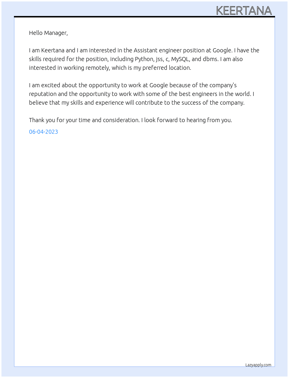 Assistant engineer  At Google  Cover Letter
