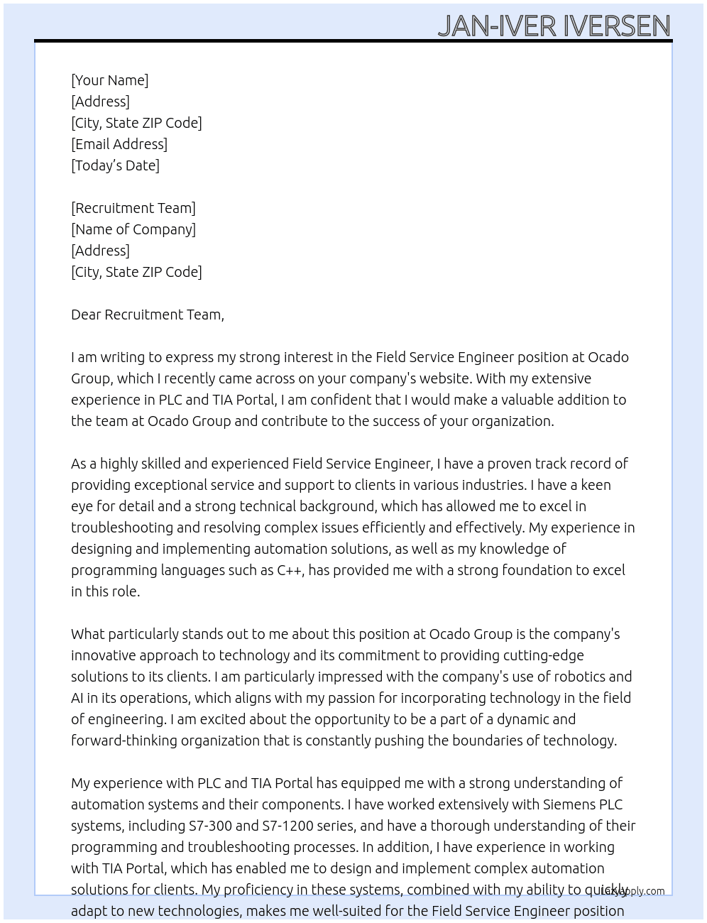 Field Service Engineer At Ocado Group Cover Letter