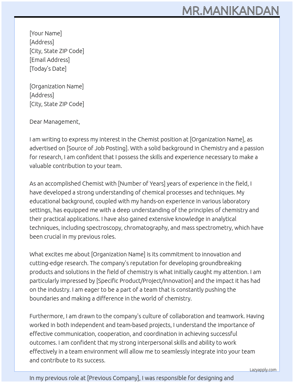 chemist At organation Cover Letter