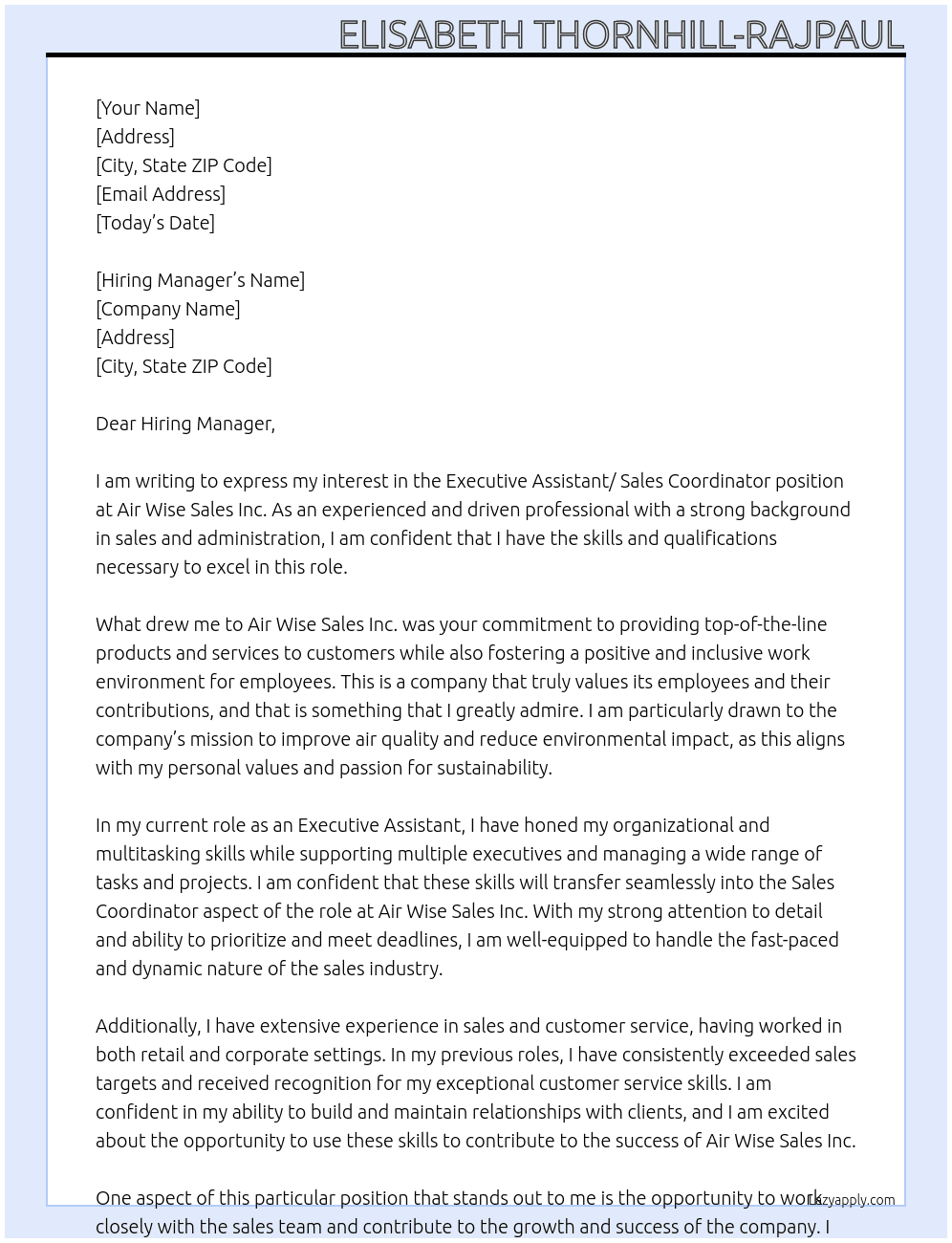 Executive Assistant/ Sales Coordinator At Air Wise Sales Inc. Cover Letter