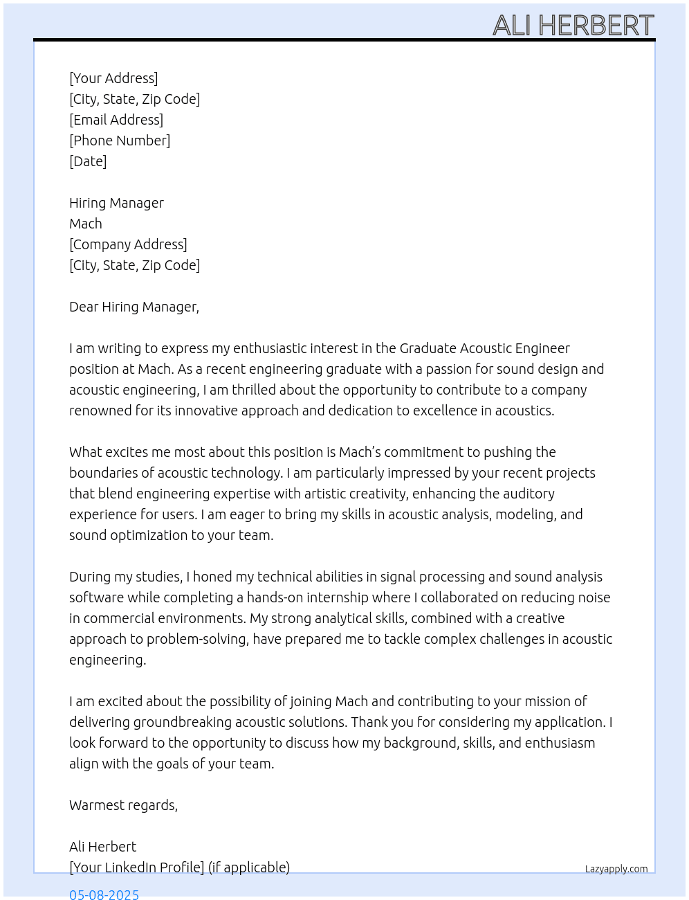 Graduate acoustic engineer  At Mach Cover Letter