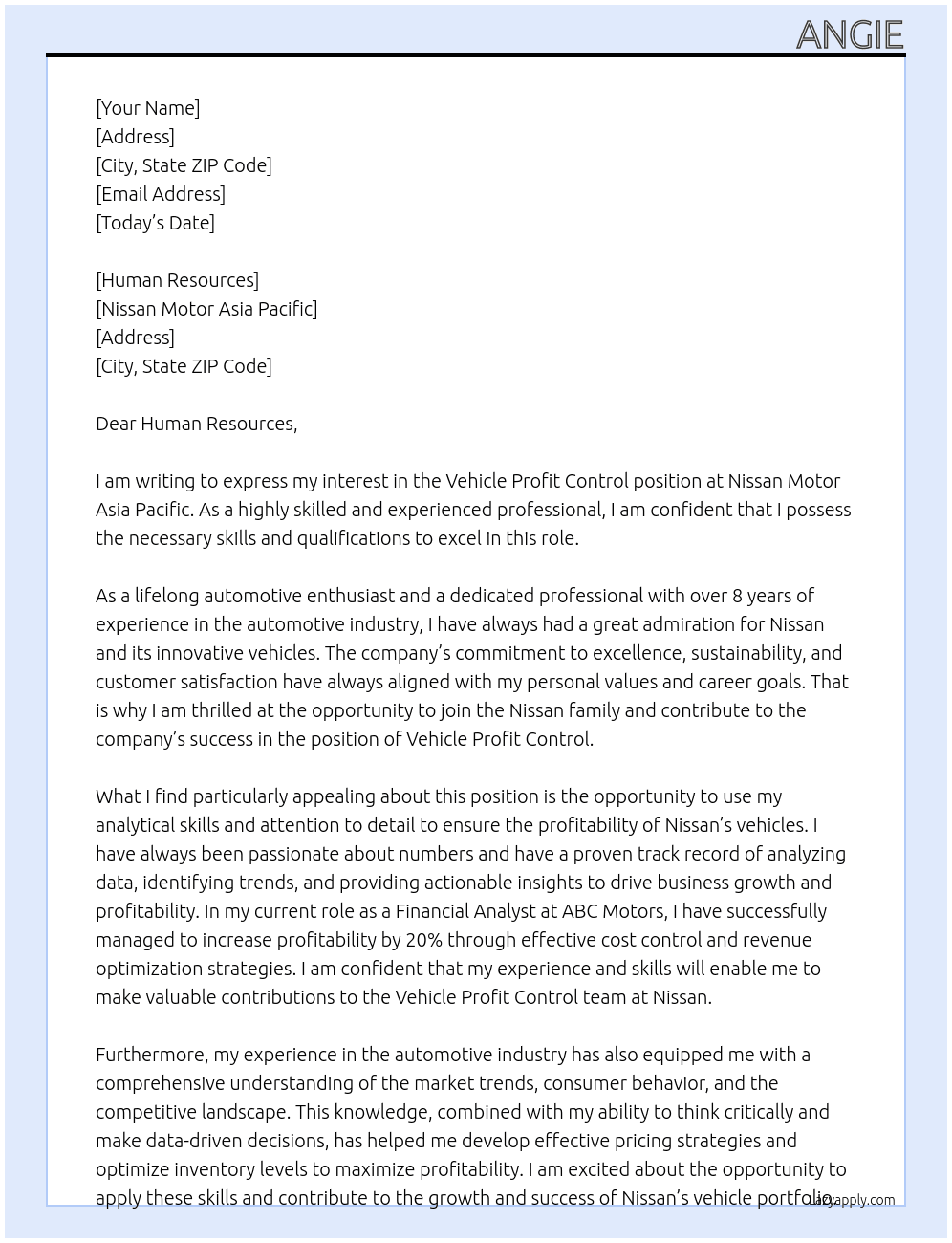 Vehicle Profit Control At Nissan Motor Asia Pacific Cover Letter