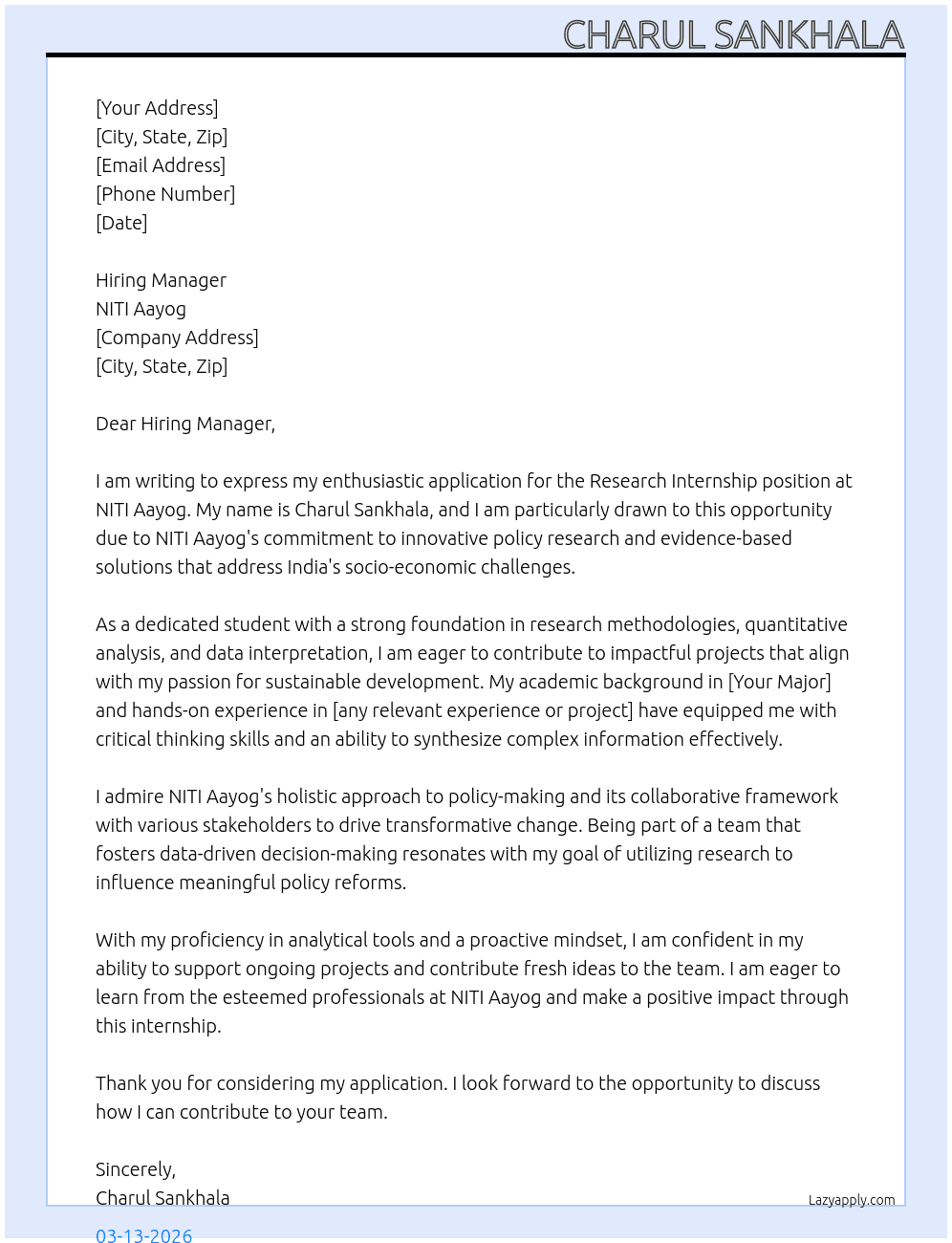 research internship  At niti aayog Cover Letter