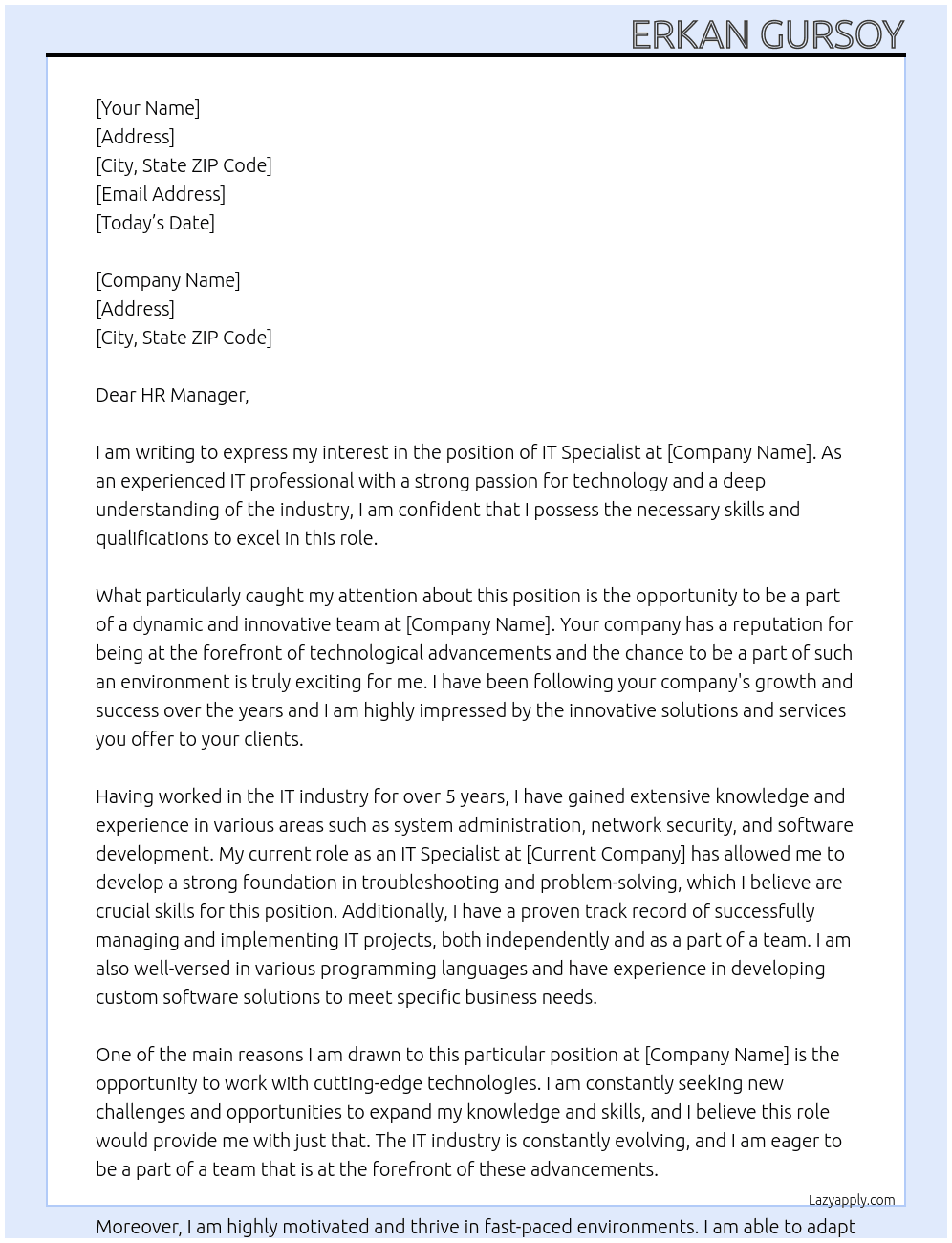 IT Specialist At None Cover Letter
