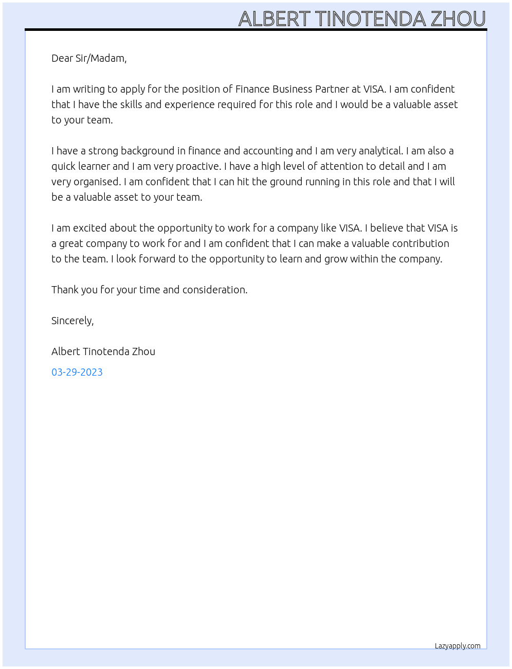 Finance Business Partner At VISA Cover Letter