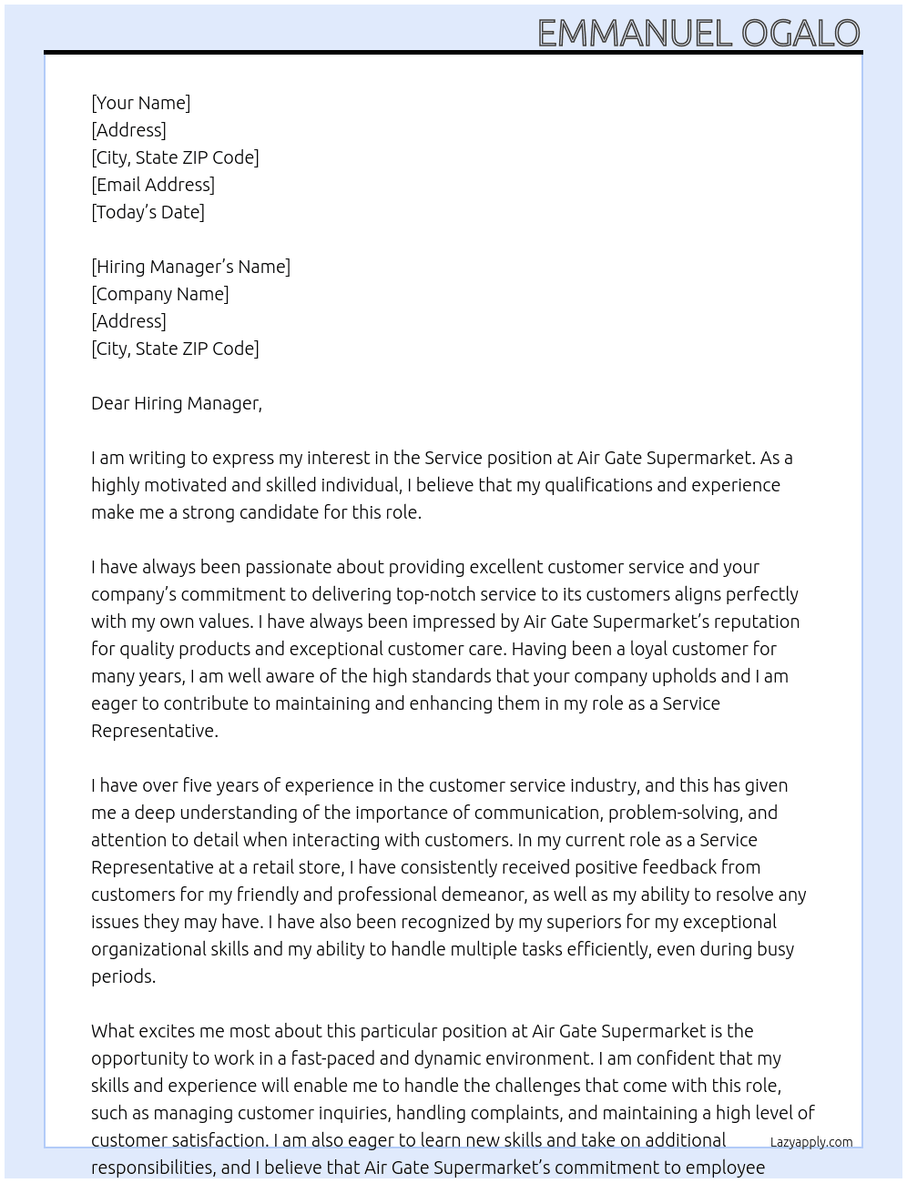 service  At AIR GATE SUPERMARKET Cover Letter