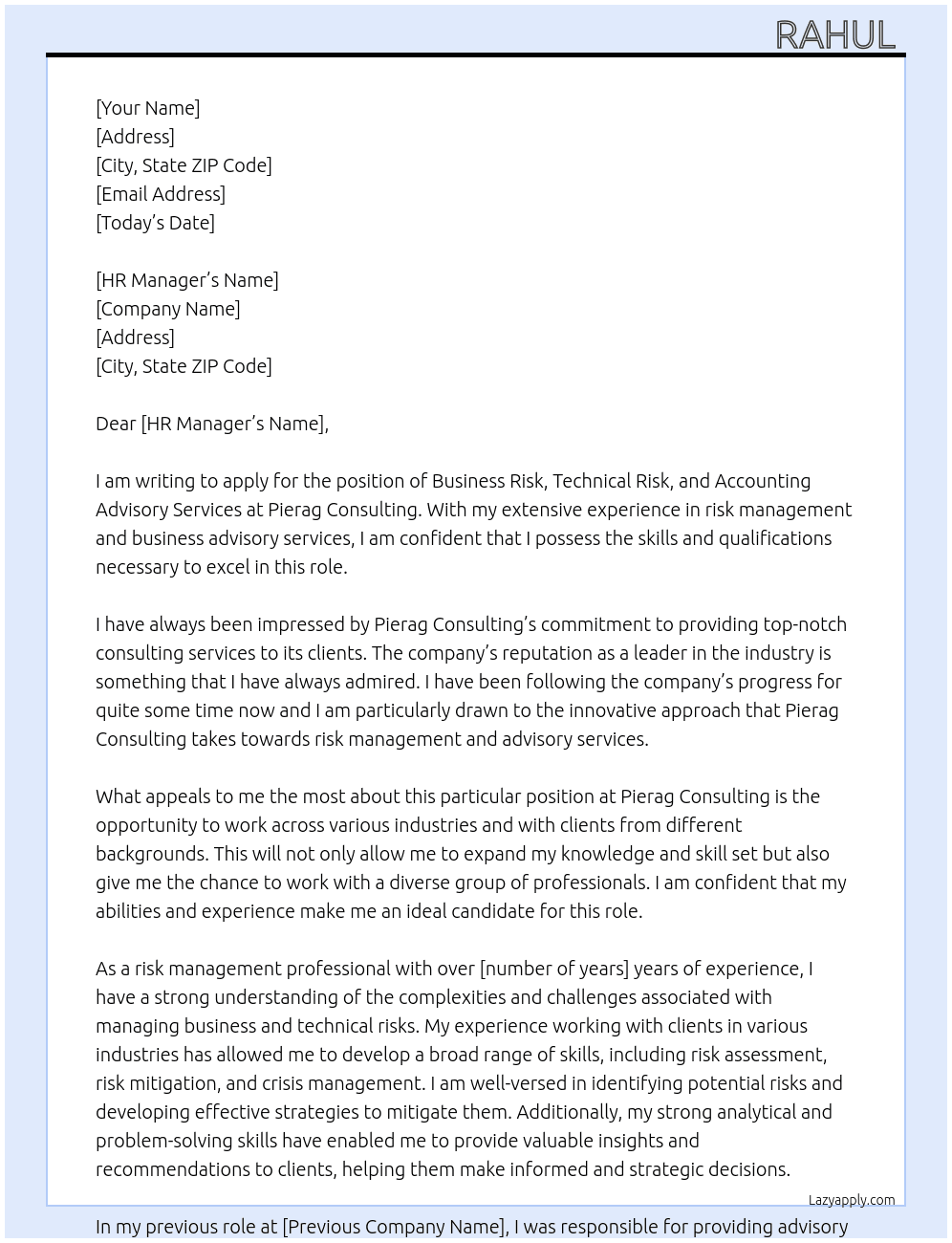 Business risk , technical risk and Accounting advisory services  At Pierag consulting  Cover Letter