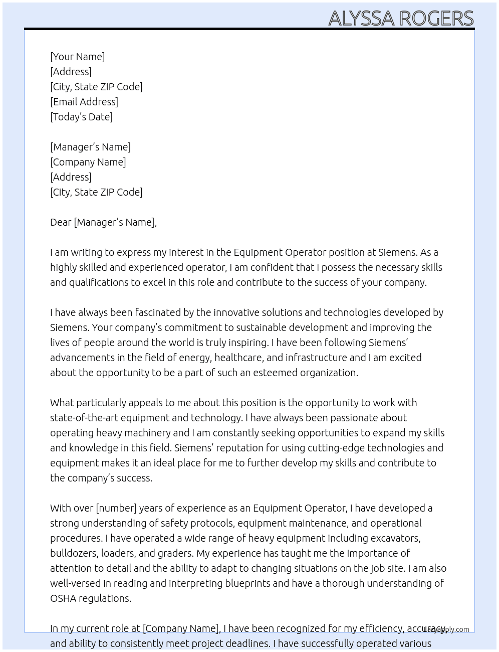 Equipment Operator  At Siemens Cover Letter
