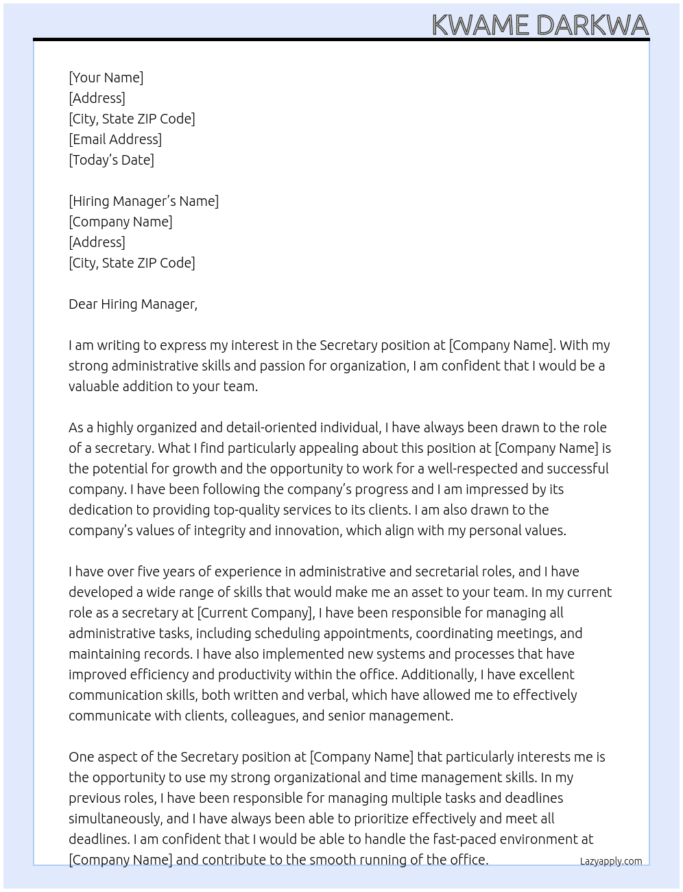 secretary At company Cover Letter