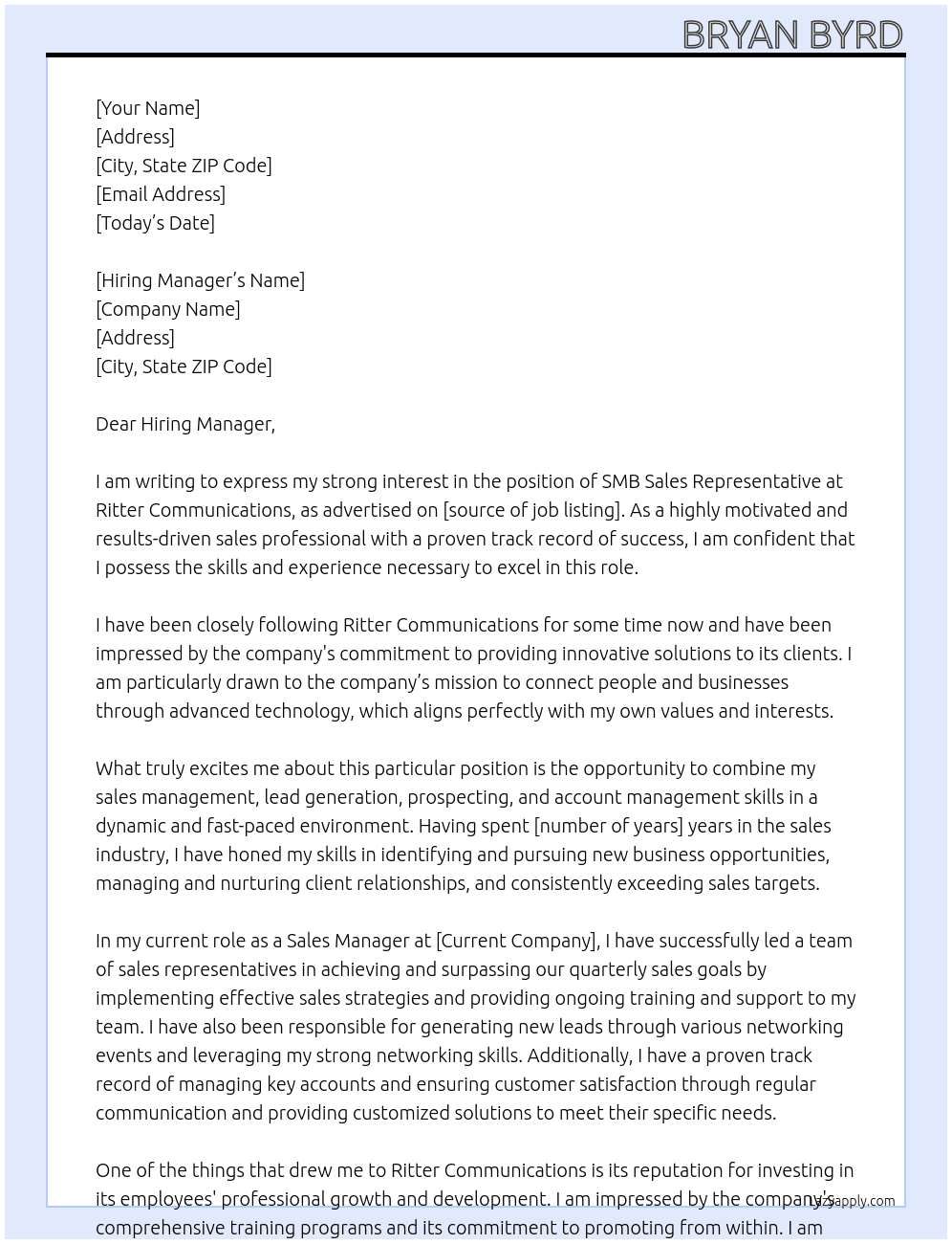 SMB Sales Rep At Ritter Communications Cover Letter