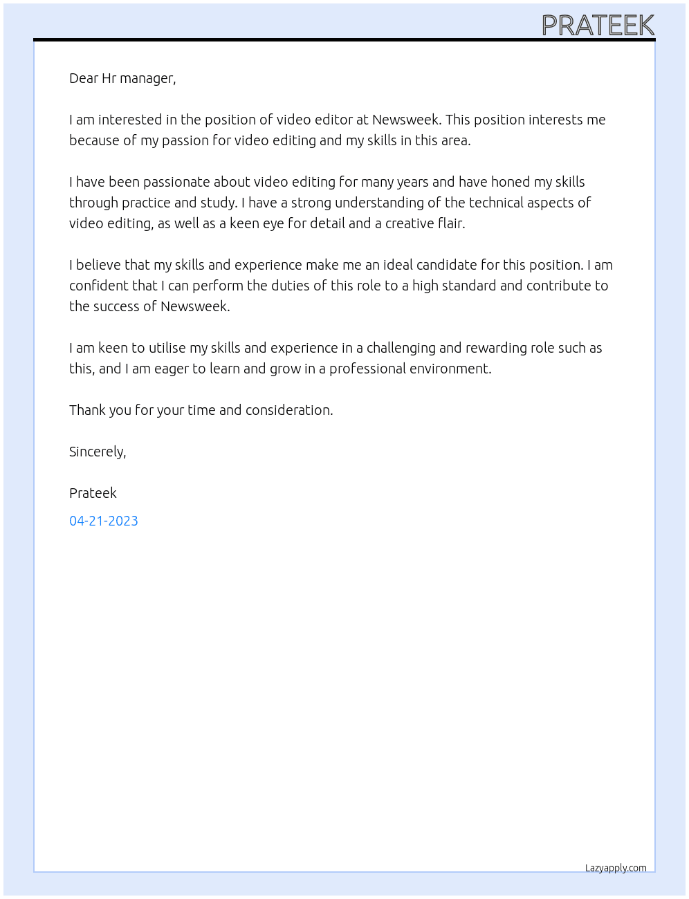 video editor At Newsweek Cover Letter