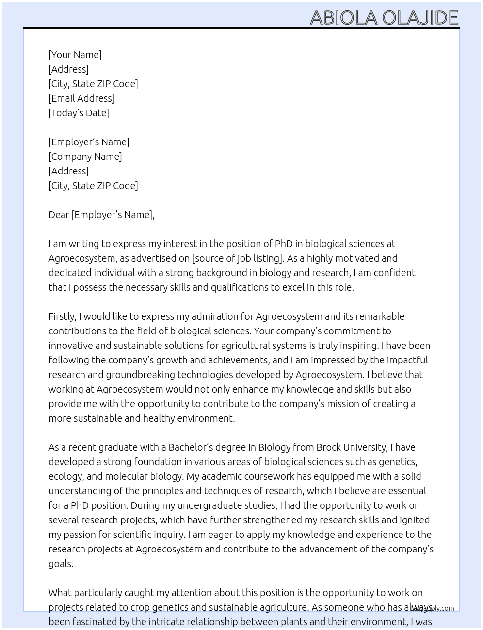 PhD in biological sciences  At Agroecosystem Cover Letter