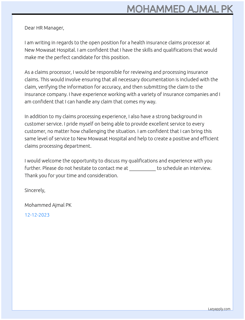Health Insurance Claims processor At New Mowasat Hospital Cover Letter