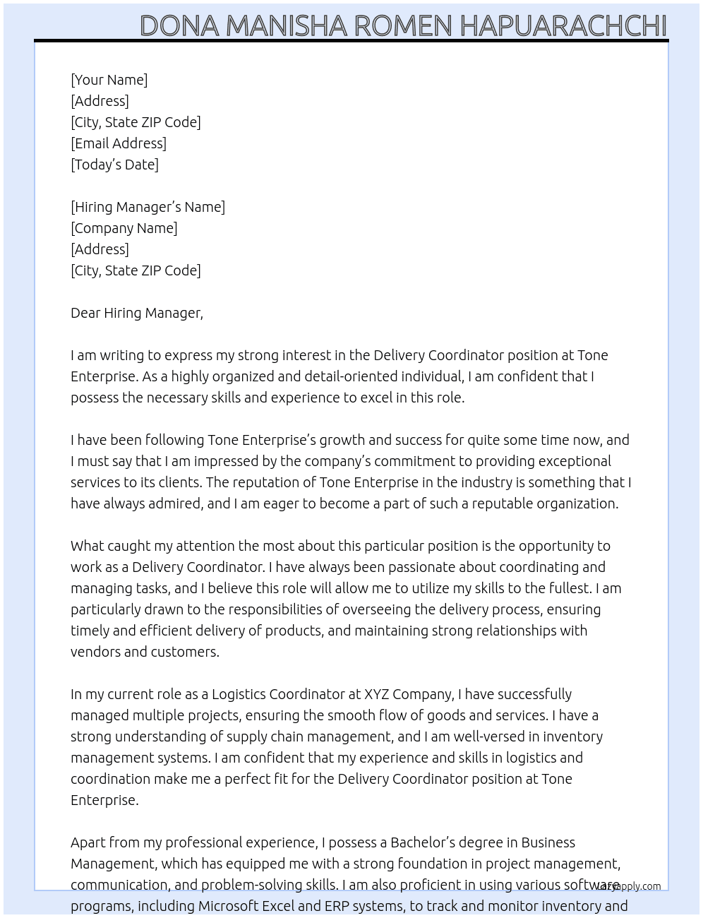 Delivery Coordinator At Tone Enterprise Cover Letter