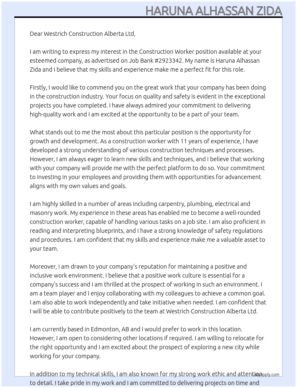 Construction worker At Job Bank #2923342 Cover Letter