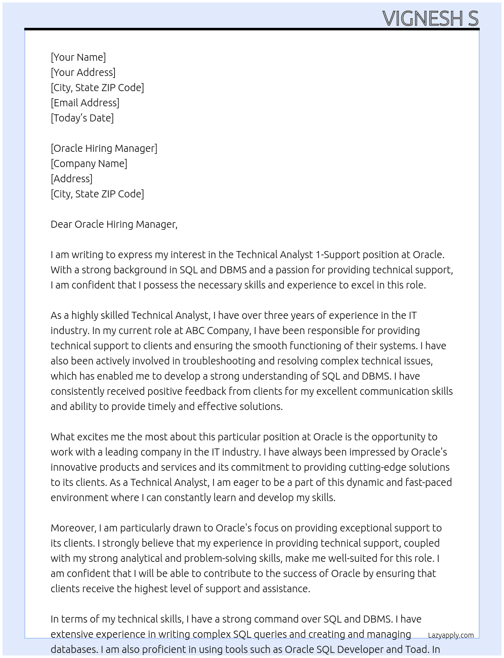 Technical Analyst 1-Support At Oracle Cover Letter