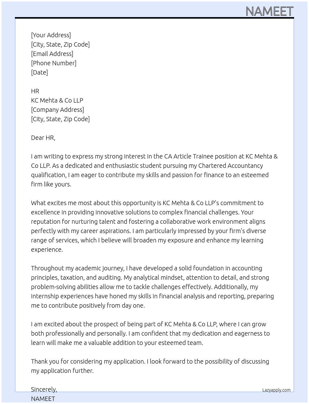 CA ARTICLESHIP TRAINEE At KC MEHTA & CO LLP Cover Letter