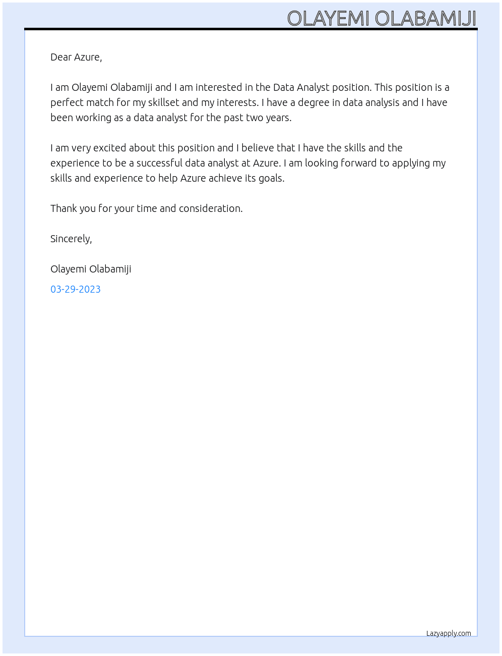 data analyst At azure Cover Letter