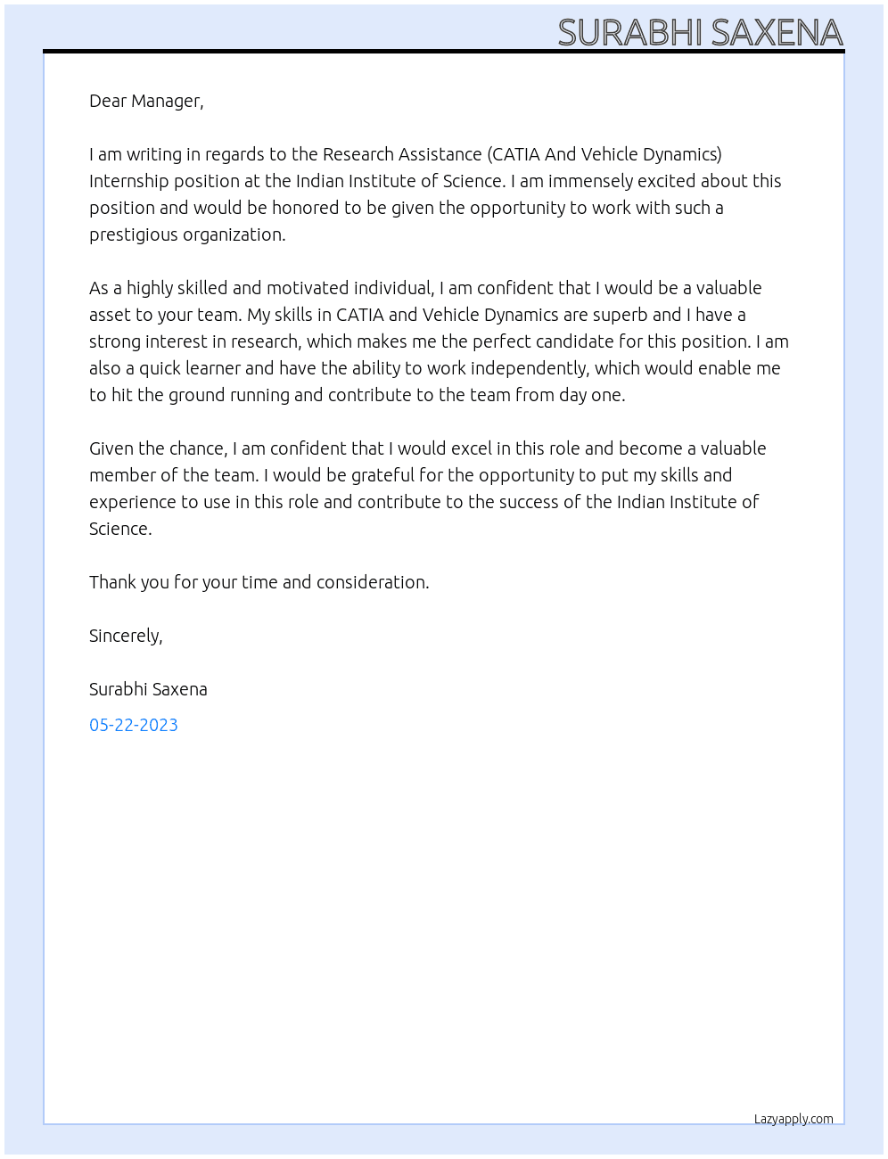 Research Assistance (CATIA And Vehicle Dynamics) Internship At Indian Institute Of Science Cover Letter