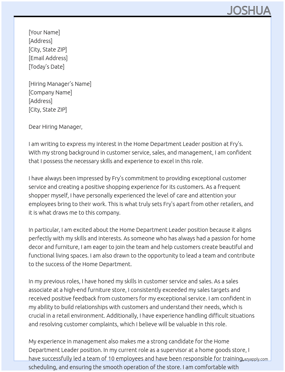 Home Department Leader At Fry's Cover Letter