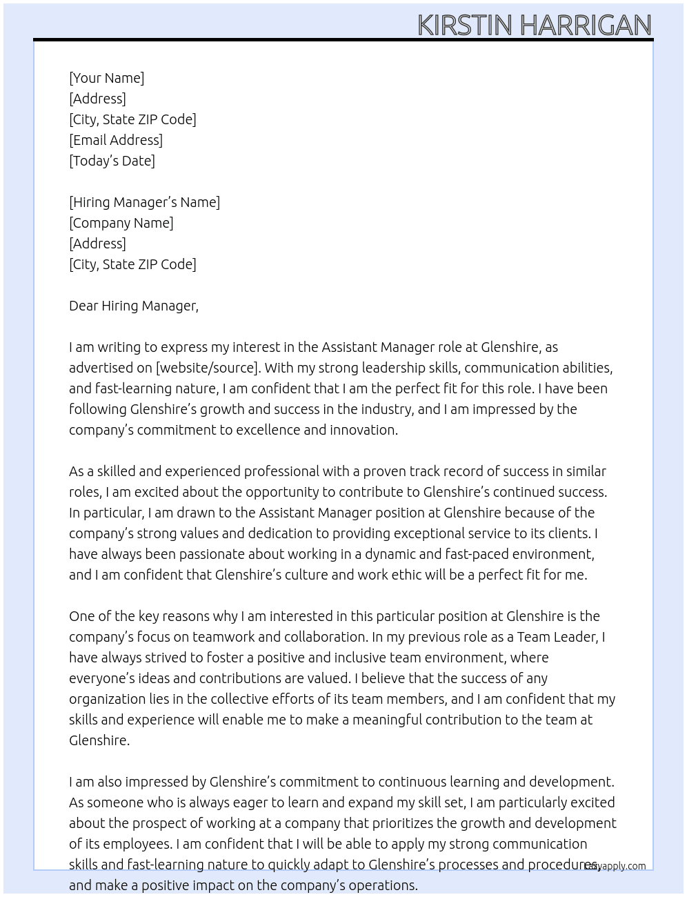 Assistant manager  At Glenshire  Cover Letter