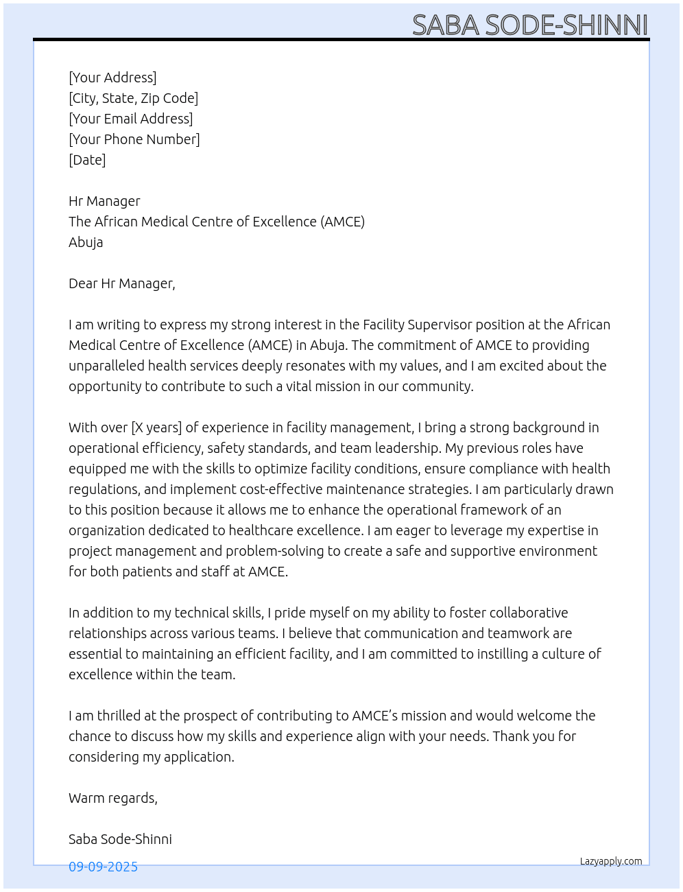 Cover letter for facility supervisor - LazyApply